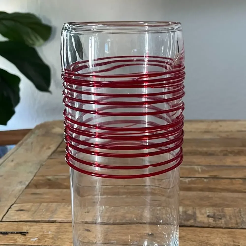 Vintage Pier 1 Imports Red Swirline Blown Glass Cylinder Art Vase 10